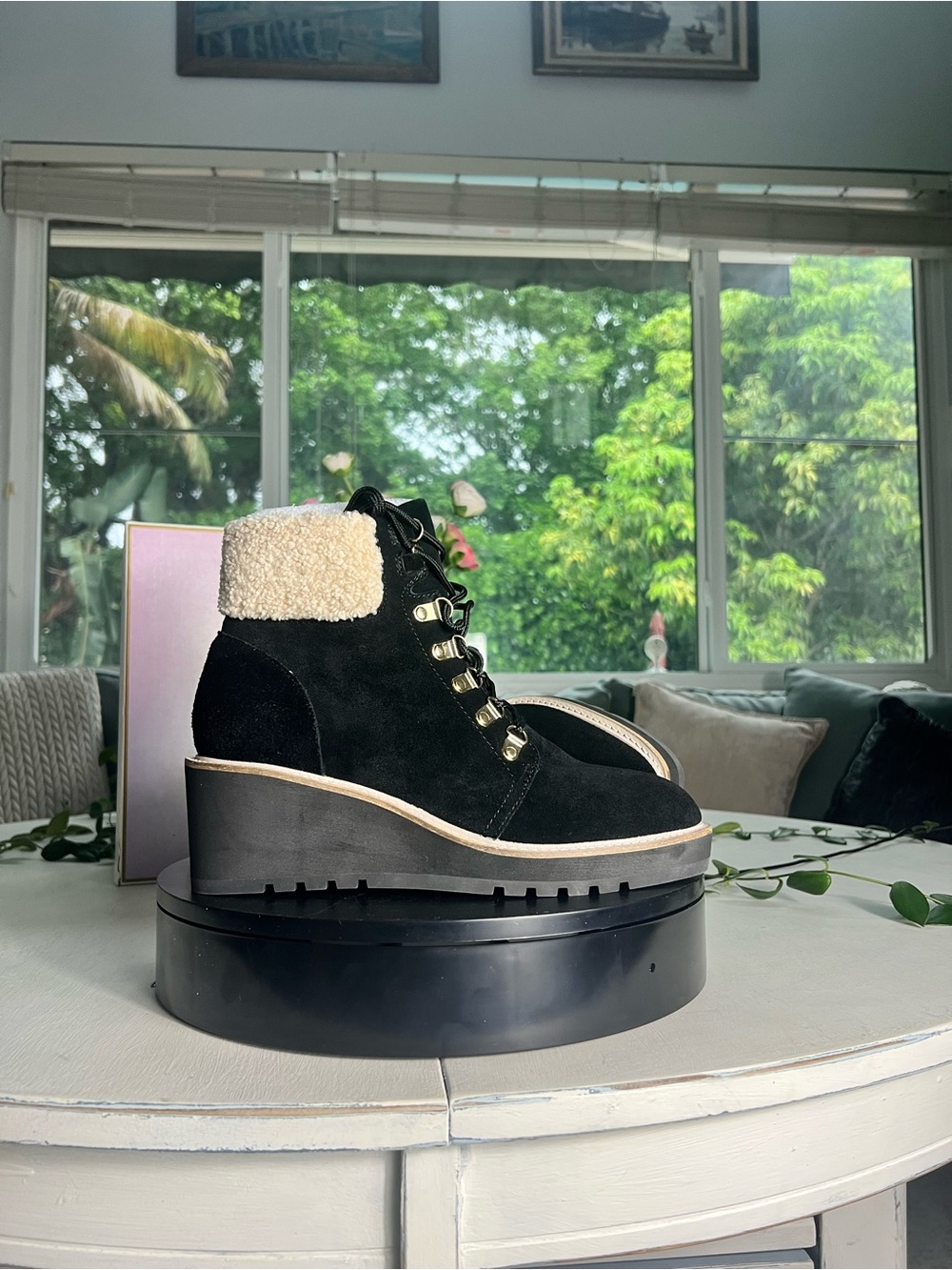 CECILIA NEW YORK Black Suede Wedge Boot with Shearling Collar
